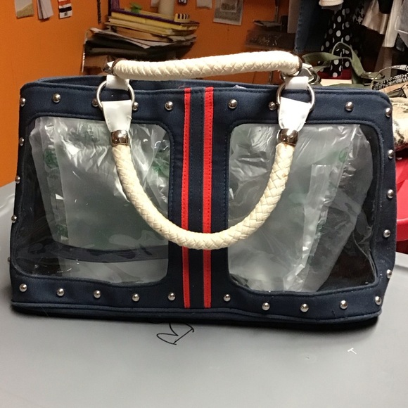HAND BAG WITH snap closure,    Zipper, inside pocket, windows in front,  blue - Picture 1 of 6